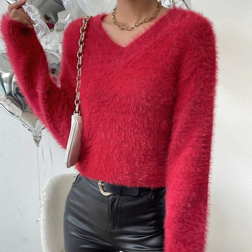 Red Casual Women's Mink V-Neck Versatile Minimalist Pullover Knit Sweater